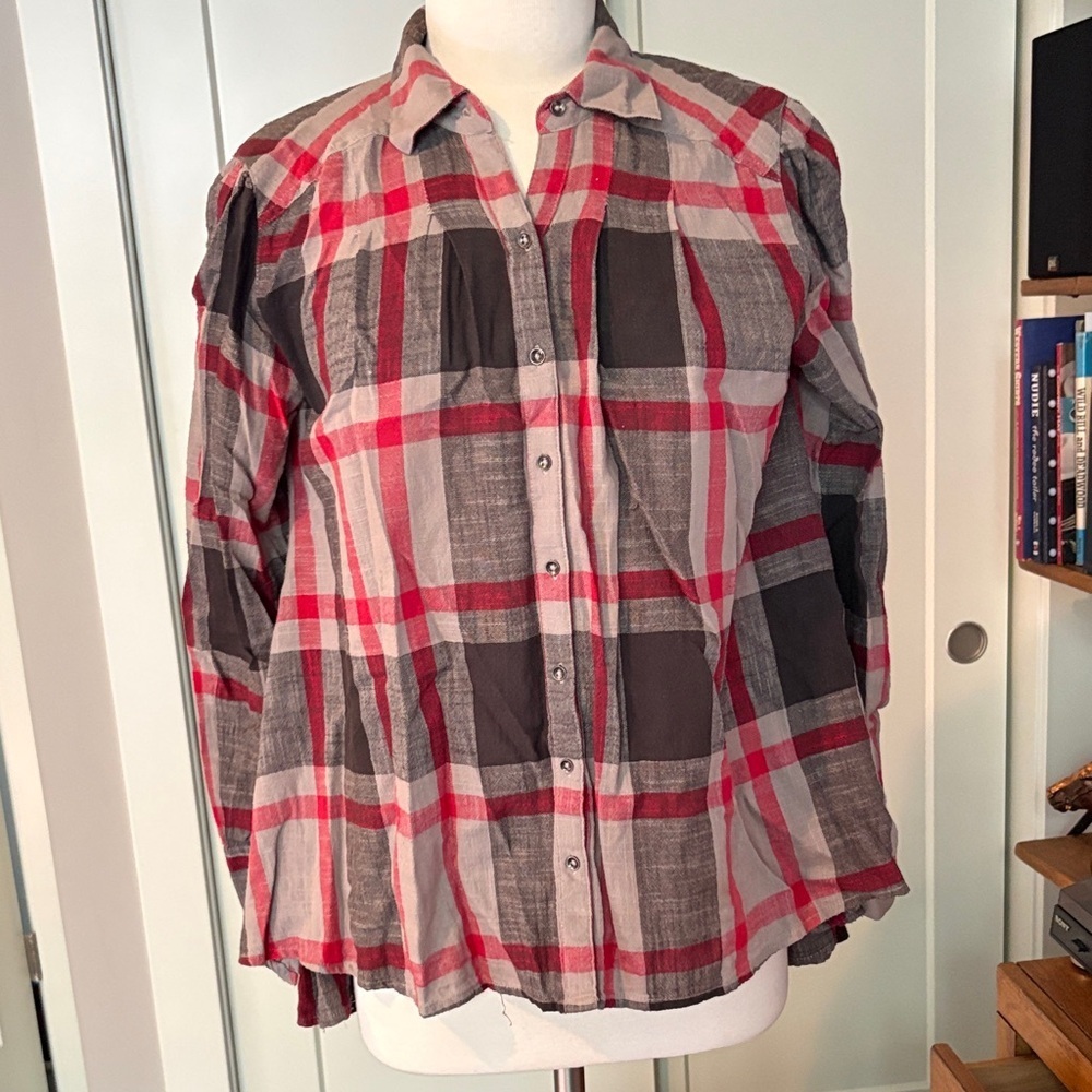 Free People  is hi lo Red and Gray Plaid Button-Up Shirt